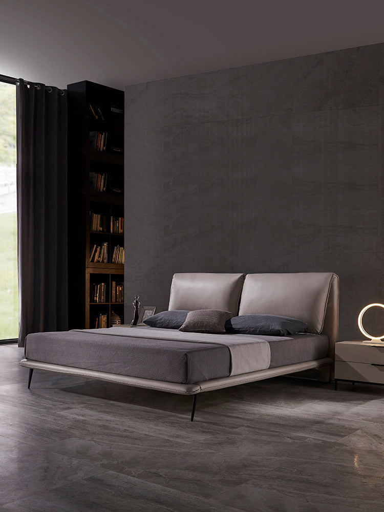 Euro Style Luxurious Premium Calf Leather Bed Frame With Carbon Steel legs Dark Grey King Queen