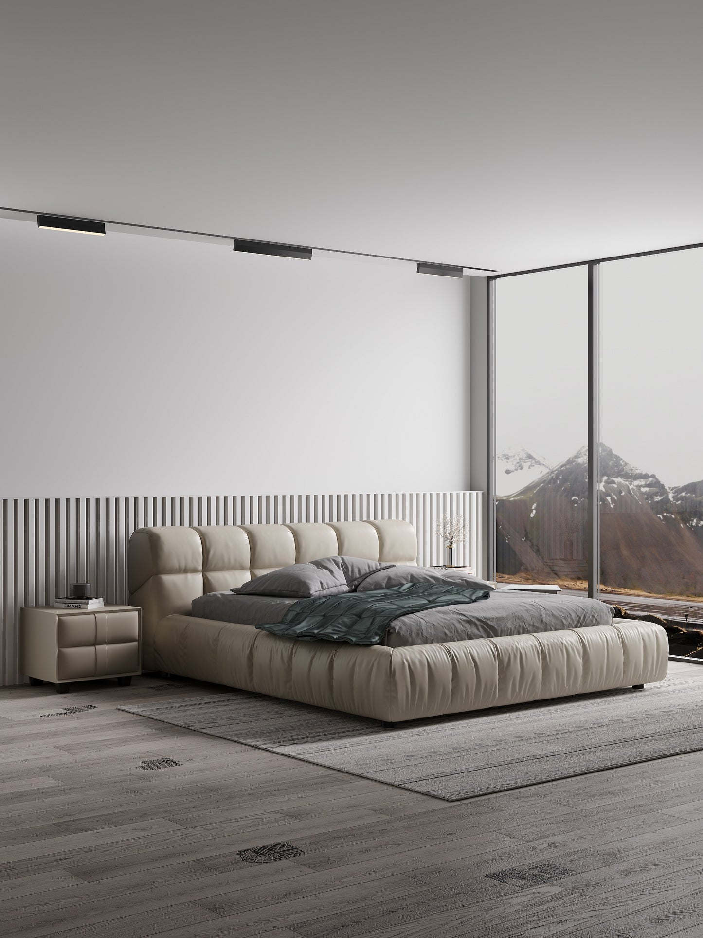 Italian Style Top Quality Designer Bed Frame Genuine Leather Lignt Grey Color Queen/King