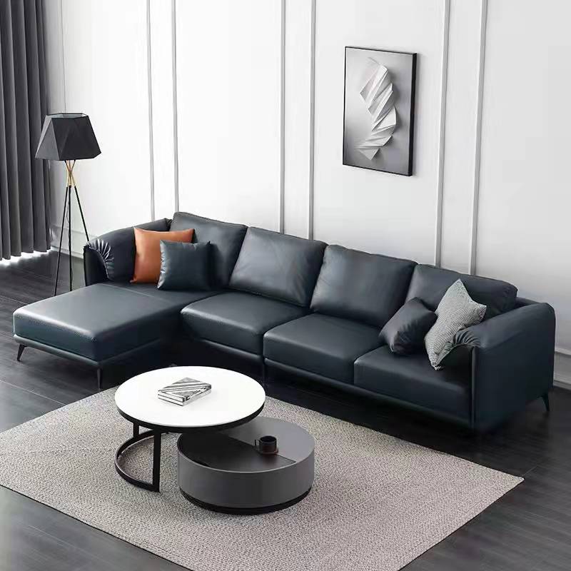 Francesco Starry Blue Nappa Leather Chaise Lounge Leather Sofa Modern Style