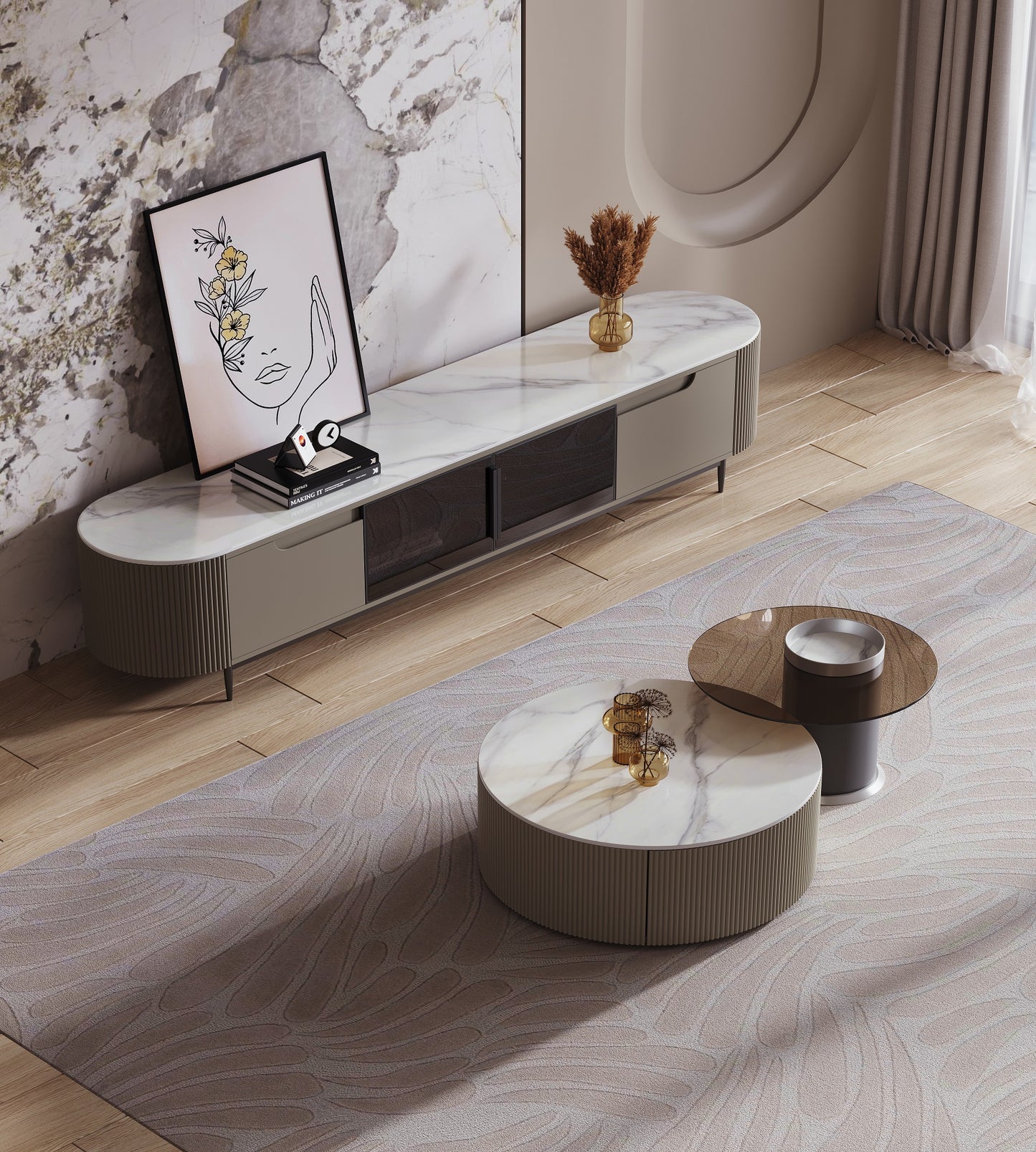 Keesley Nesting Coffee Table Set Glossy Sintered Stone Top Coffee Table With Glass Top Side Table
