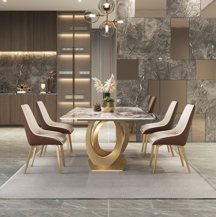 Coeus Rectangular Sintered Stone Top Dining Table Golden Color Steel Leg 1.8m-2m
