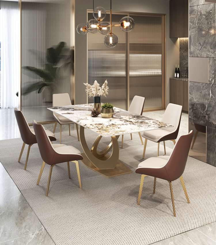 Coeus Rectangular Sintered Stone Top Dining Table Golden Color Steel Leg 1.8m-2m