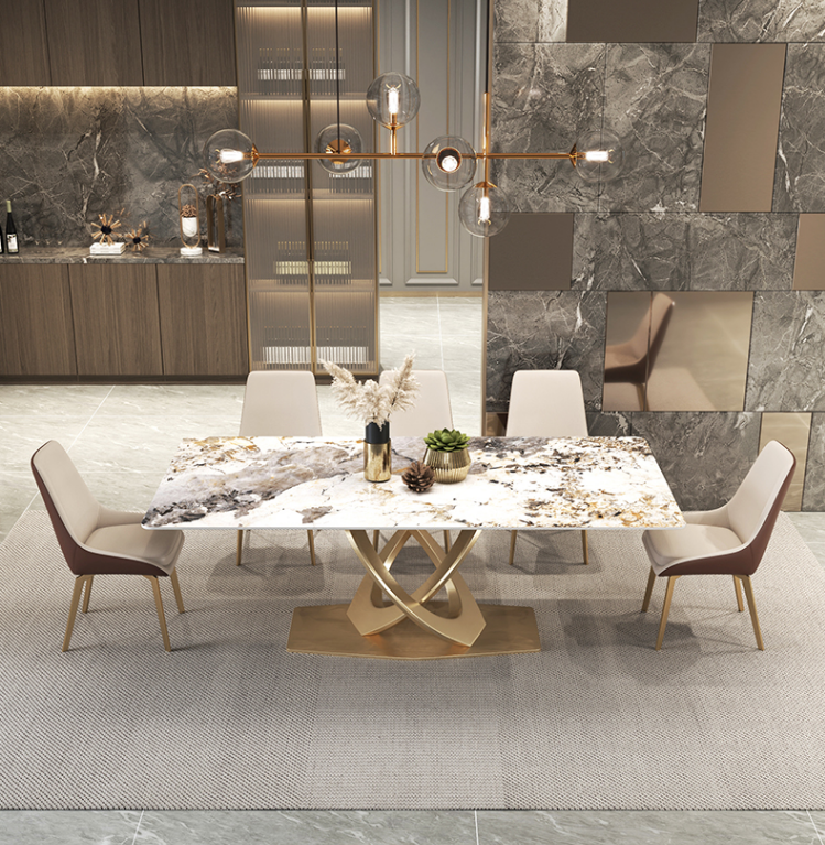 Coeus Rectangular Sintered Stone Top Dining Table Golden Color Steel Leg 1.8m-2m