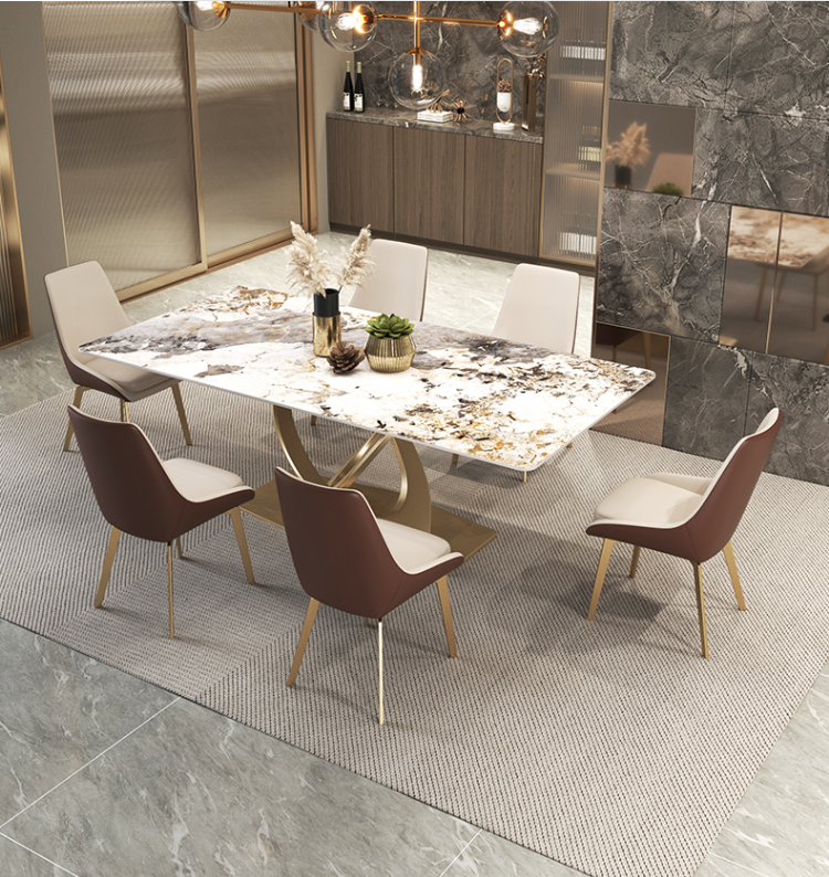Coeus Rectangular Sintered Stone Top Dining Table Golden Color Steel Leg 1.8m-2m