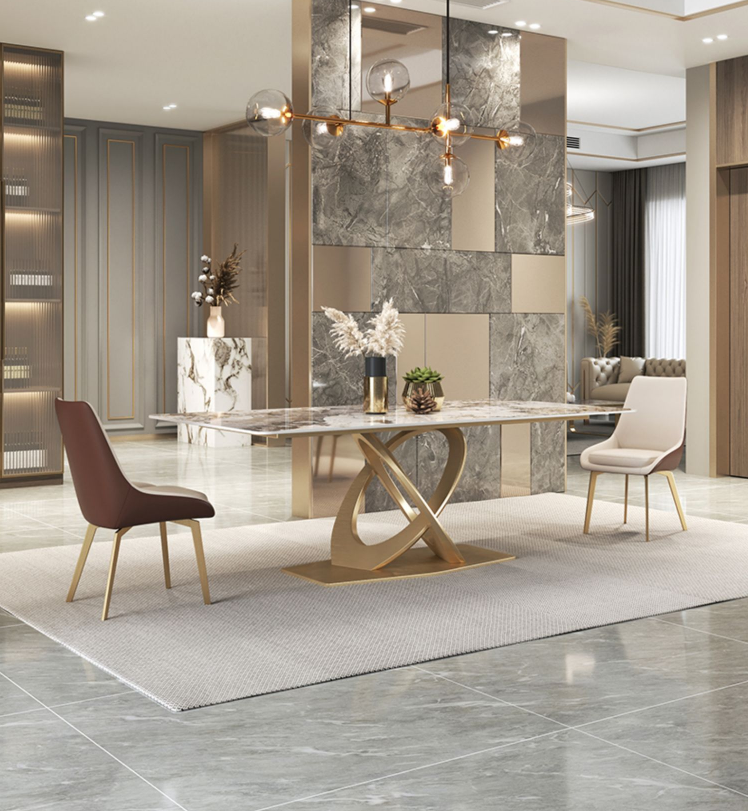 Coeus Rectangular Sintered Stone Top Dining Table Golden Color Steel Leg 1.8m-2m