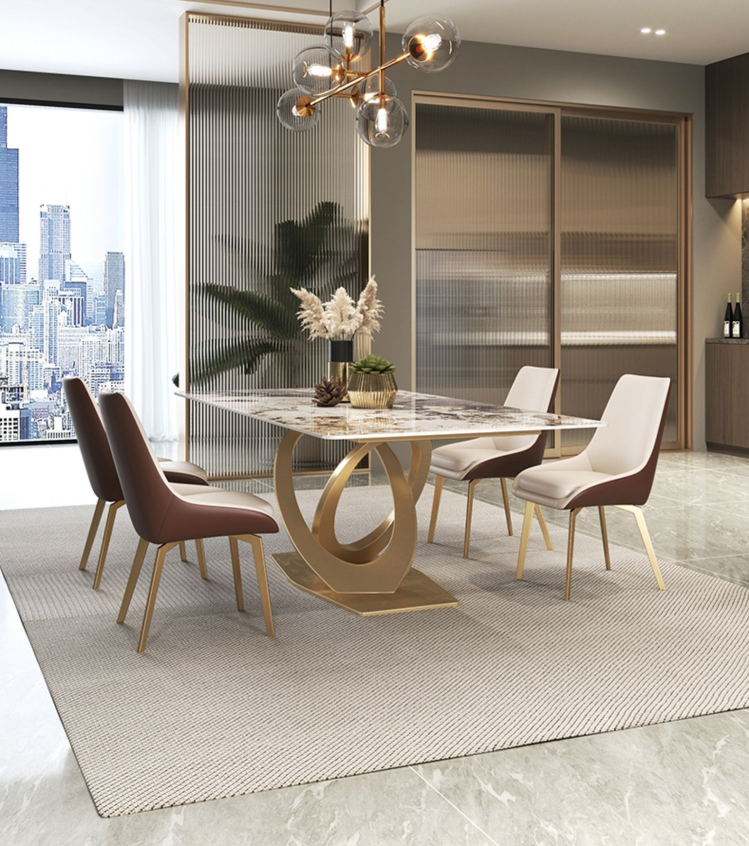Coeus Rectangular Sintered Stone Top Dining Table Golden Color Steel Leg 1.8m-2m