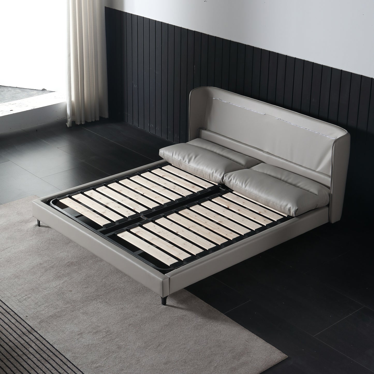TEMREN Luxurious Leather Bed Frame Carbon Steel Legs Light Grey Queen/King