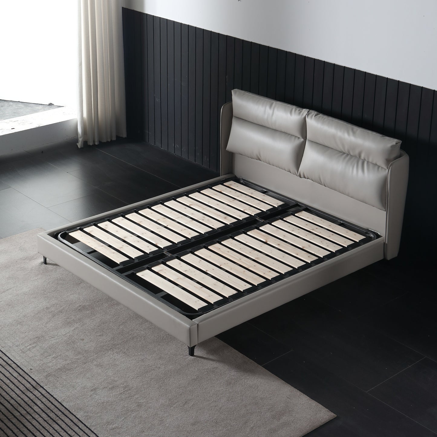 TEMREN Luxurious Leather Bed Frame Carbon Steel Legs Light Grey Queen/King