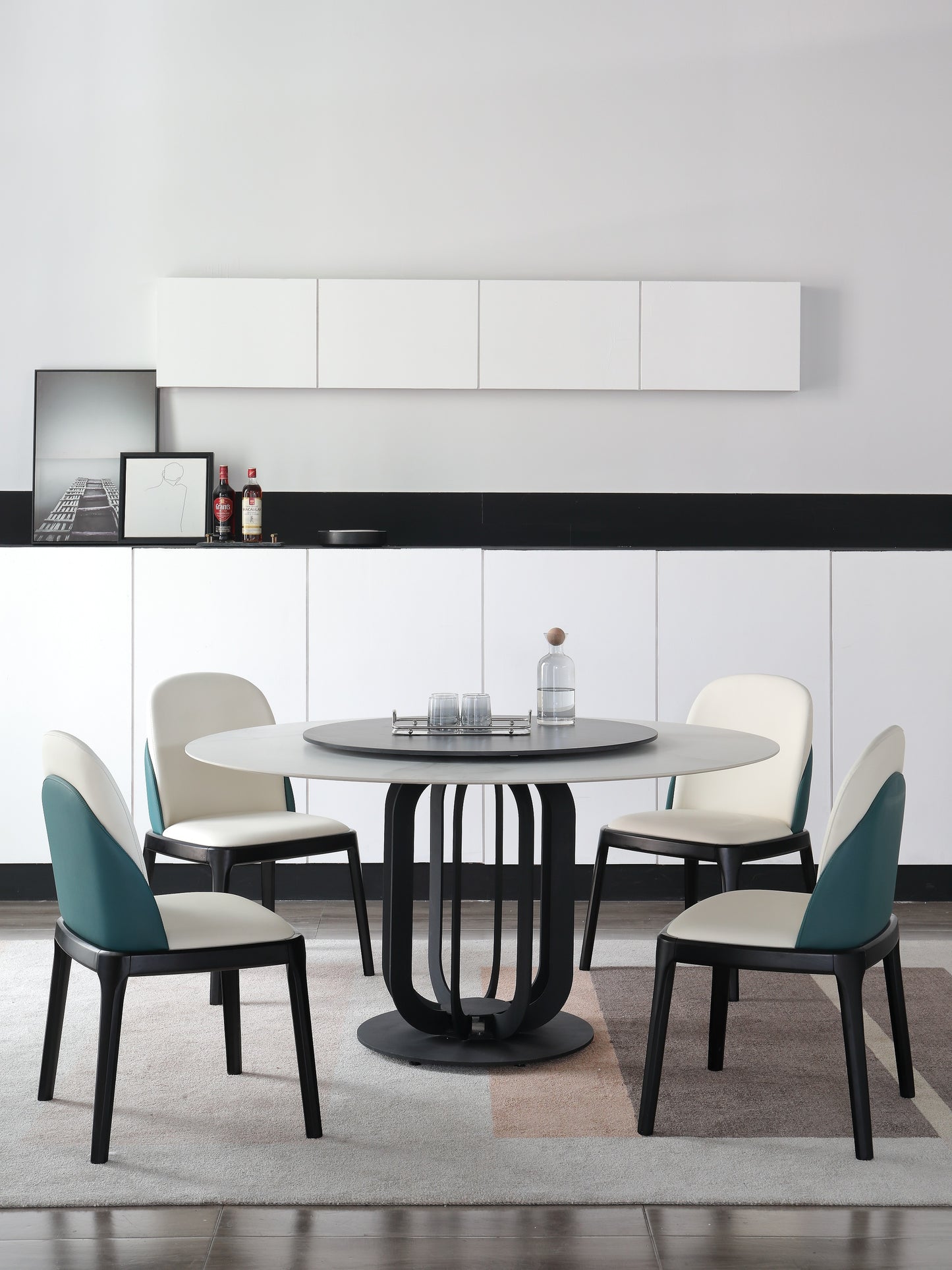 Caio Marble Top Round Dining Table Tith Steel Base Frame With Lazy Susan 1.3m