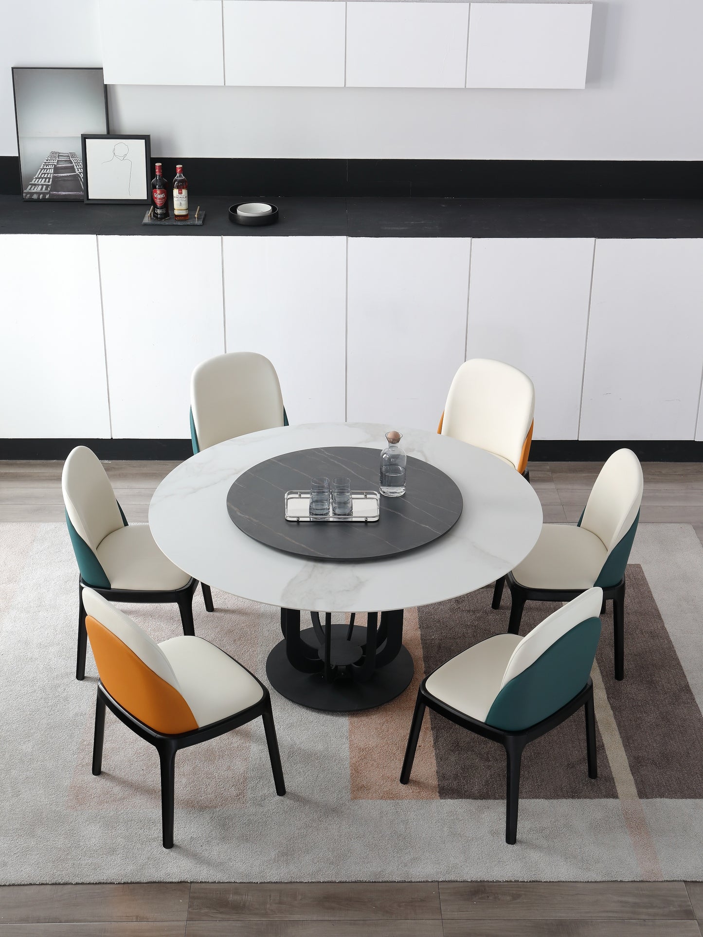 Caio Marble Top Round Dining Table Tith Steel Base Frame With Lazy Susan 1.3m