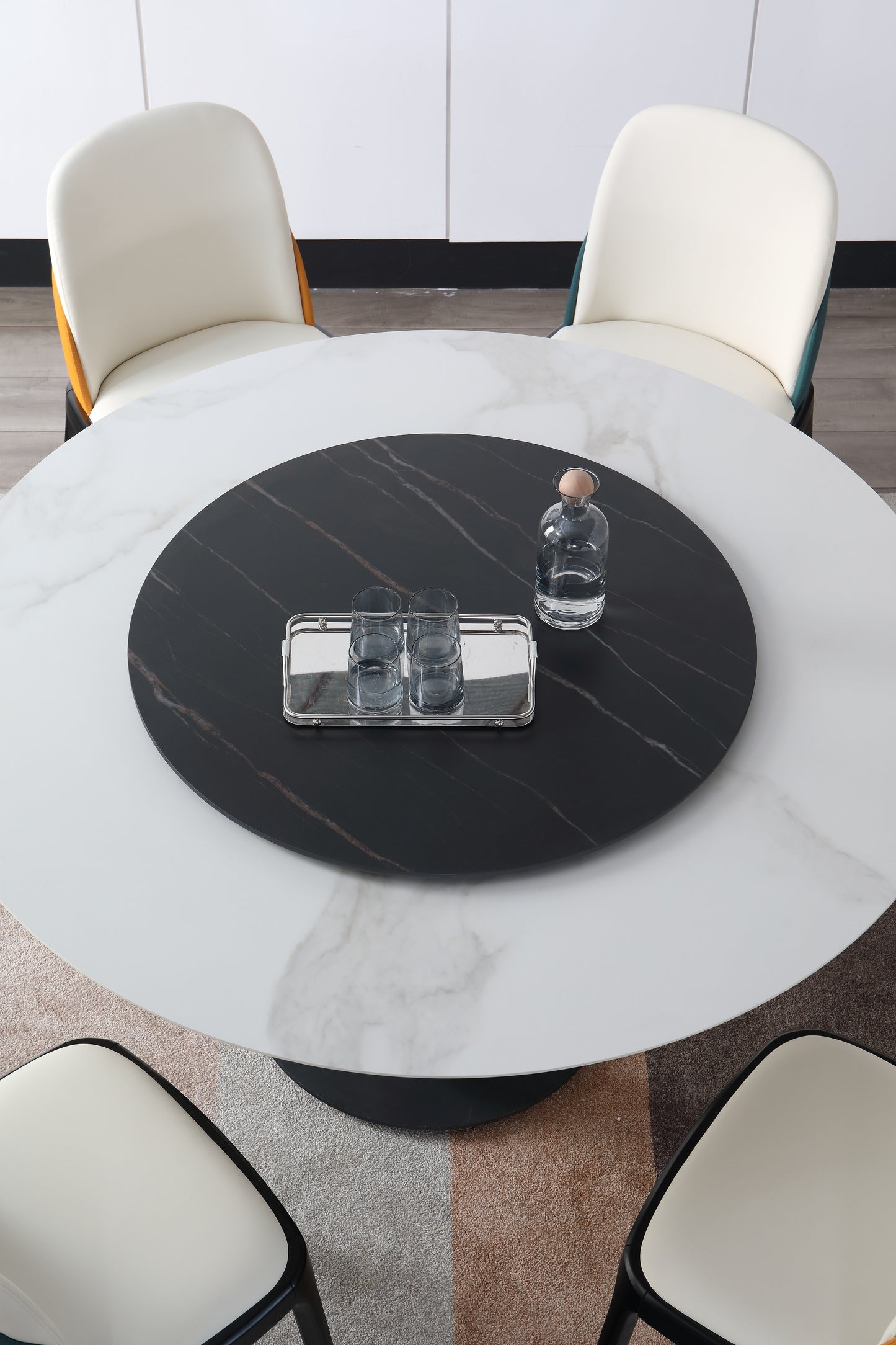 Caio Marble Top Round Dining Table Tith Steel Base Frame With Lazy Susan 1.3m