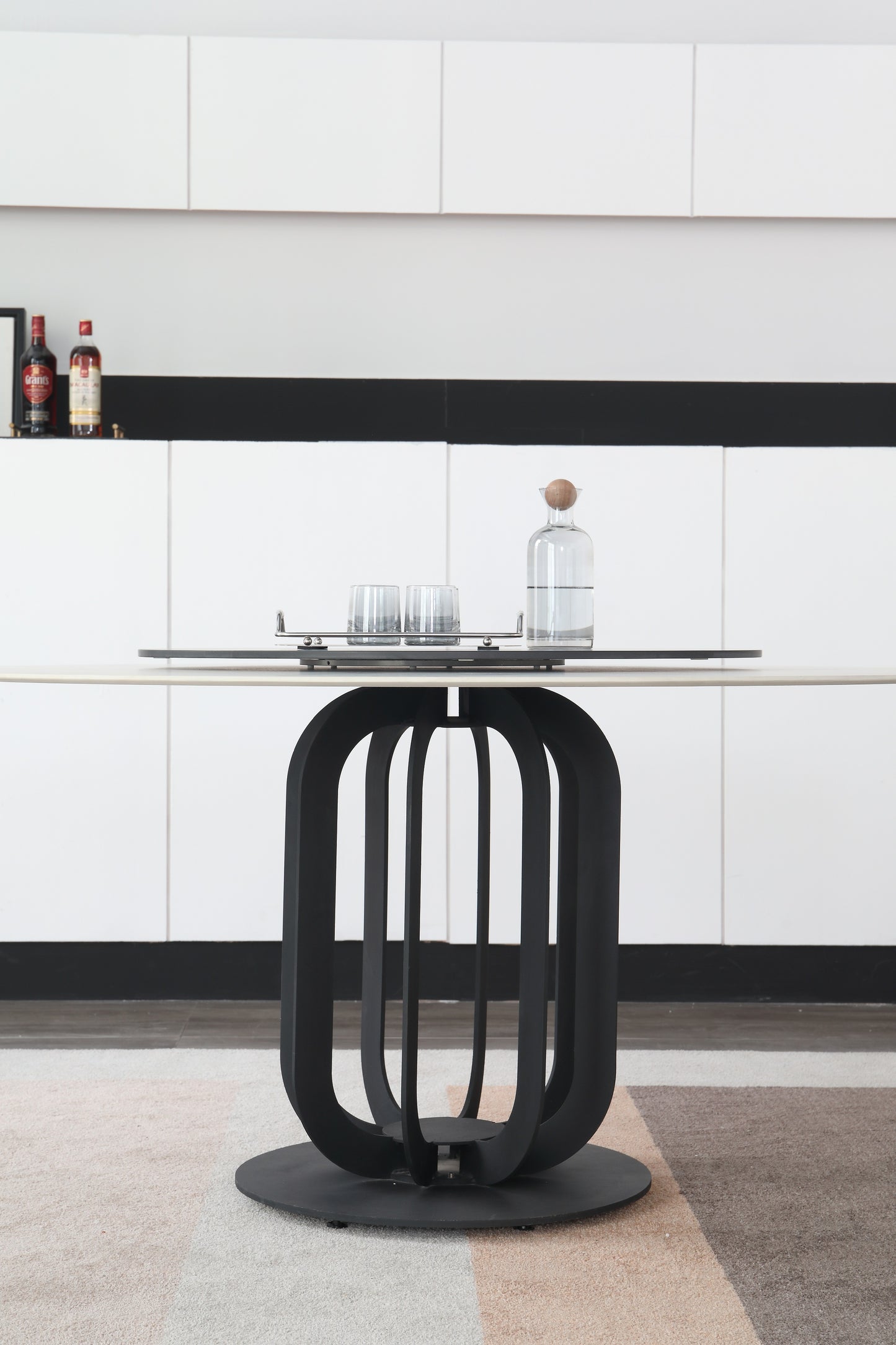 Caio Marble Top Round Dining Table Tith Steel Base Frame With Lazy Susan 1.3m