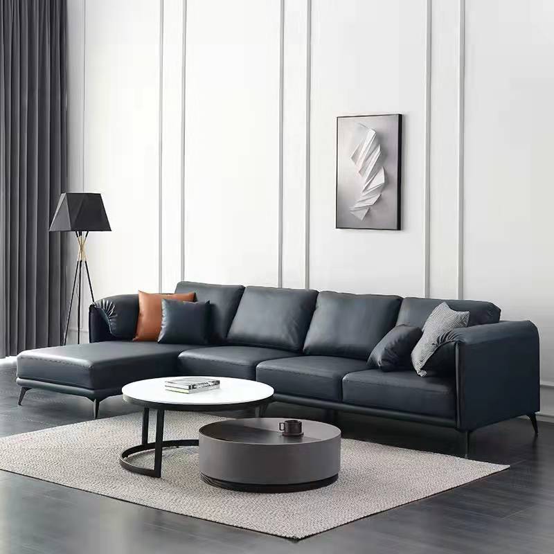 Francesco Starry Blue Nappa Leather Chaise Lounge Leather Sofa Modern Style