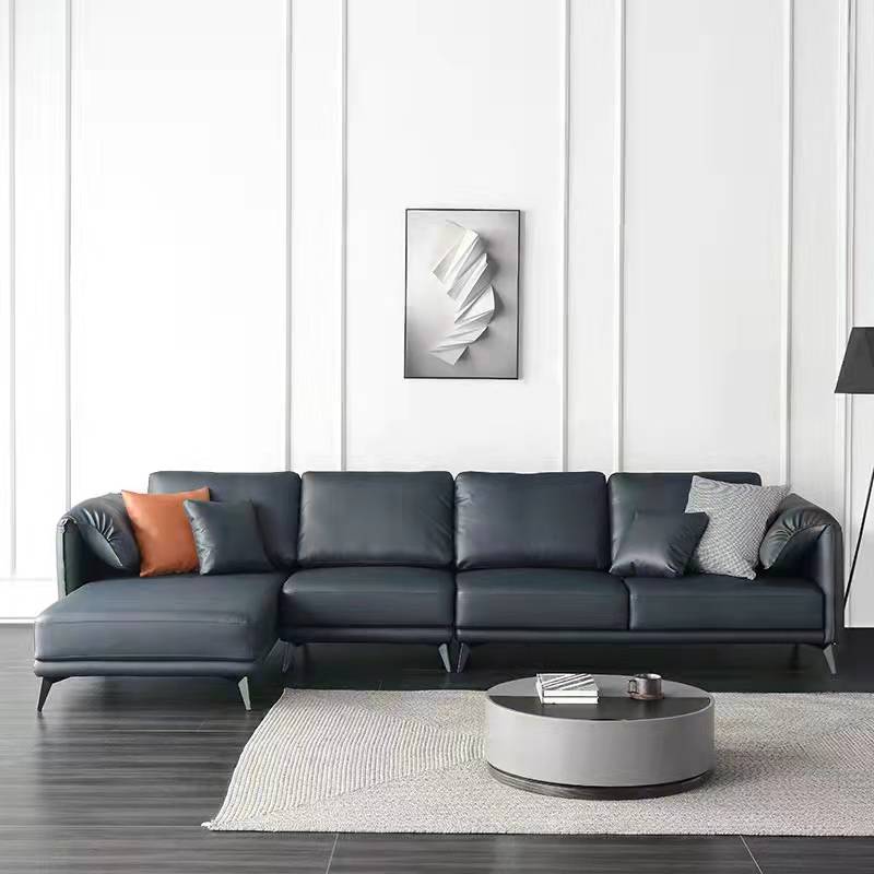 Francesco Starry Blue Nappa Leather Chaise Lounge Leather Sofa Modern Style