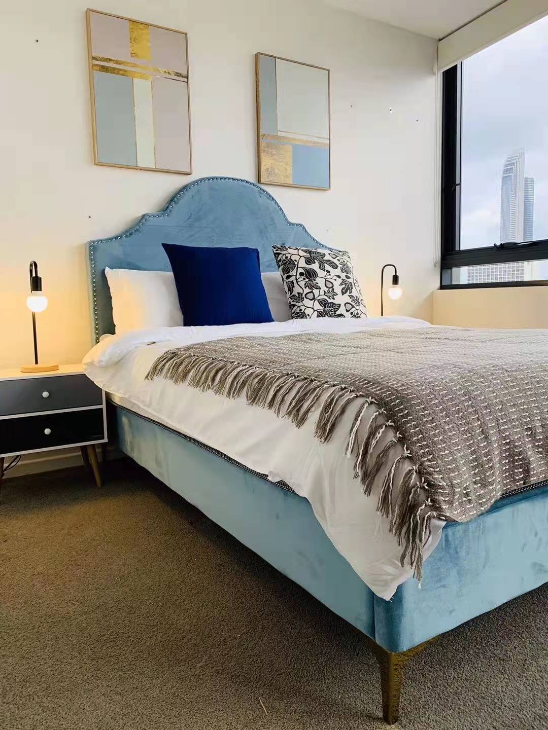 AQUA French Design Retro Velvet Upholstered Bed Frame In Queen Size Only