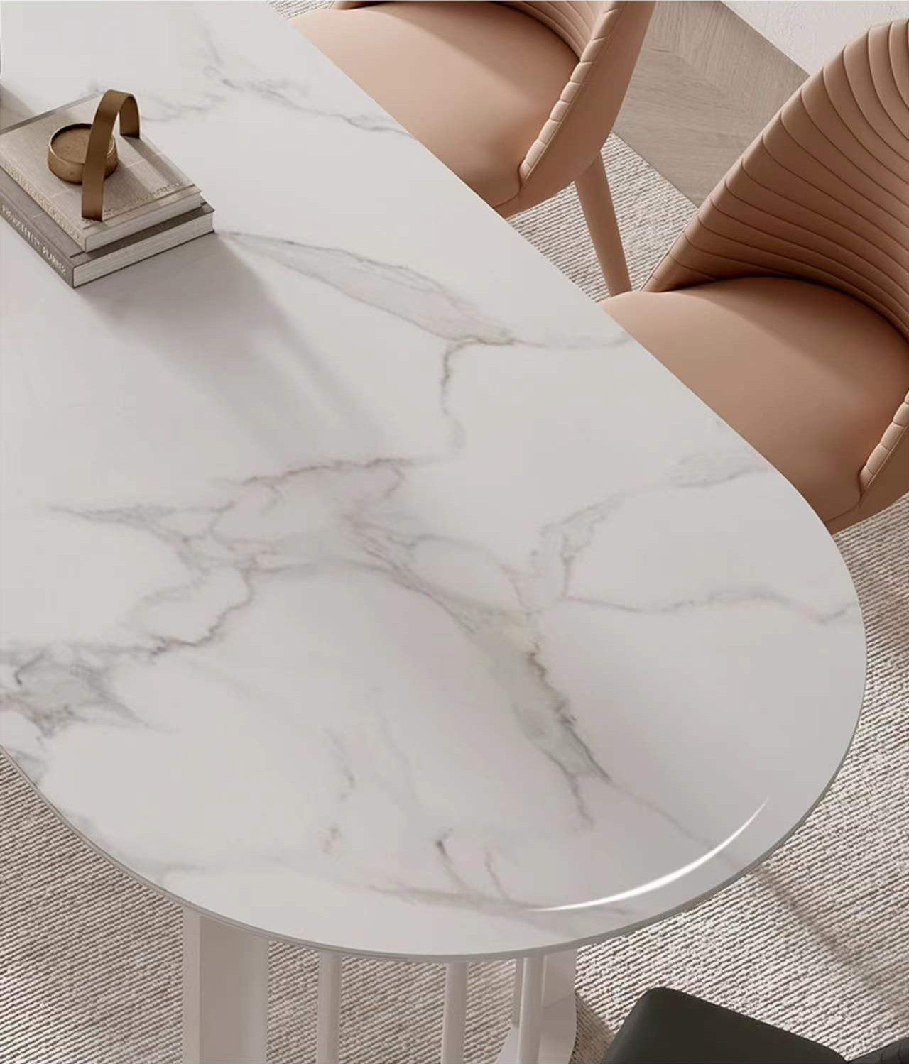 Oval Shape Marble Inspired Dining Table Matte Finish Sintered Stone Top 2 Size