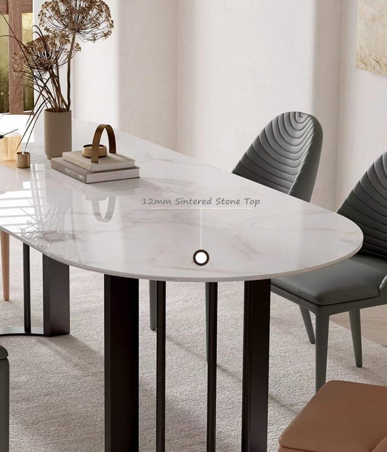 Oval Shape Marble Inspired Dining Table Matte Finish Sintered Stone Top 2 Size
