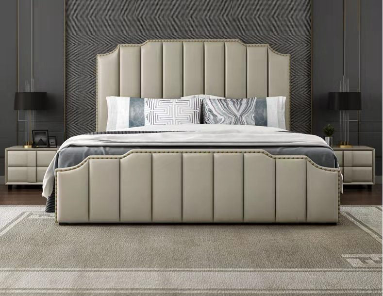 Roberto Italian Style Grey Color Luxury Leather Bed Frame Steel Legs Queen/King