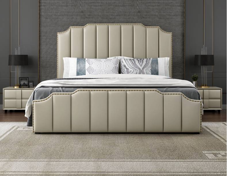 Roberto Italian Style Grey Color Luxury Leather Bed Frame Steel Legs Queen/King