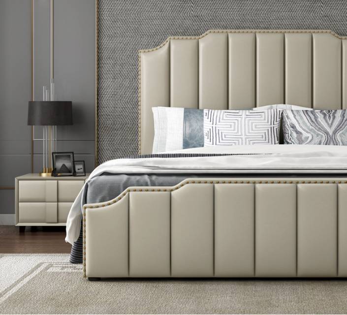 Roberto Italian Style Grey Color Luxury Leather Bed Frame Steel Legs Queen/King