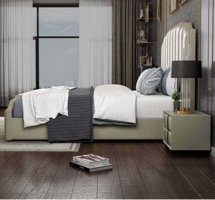 Roberto Italian Style Grey Color Luxury Leather Bed Frame Steel Legs Queen/King