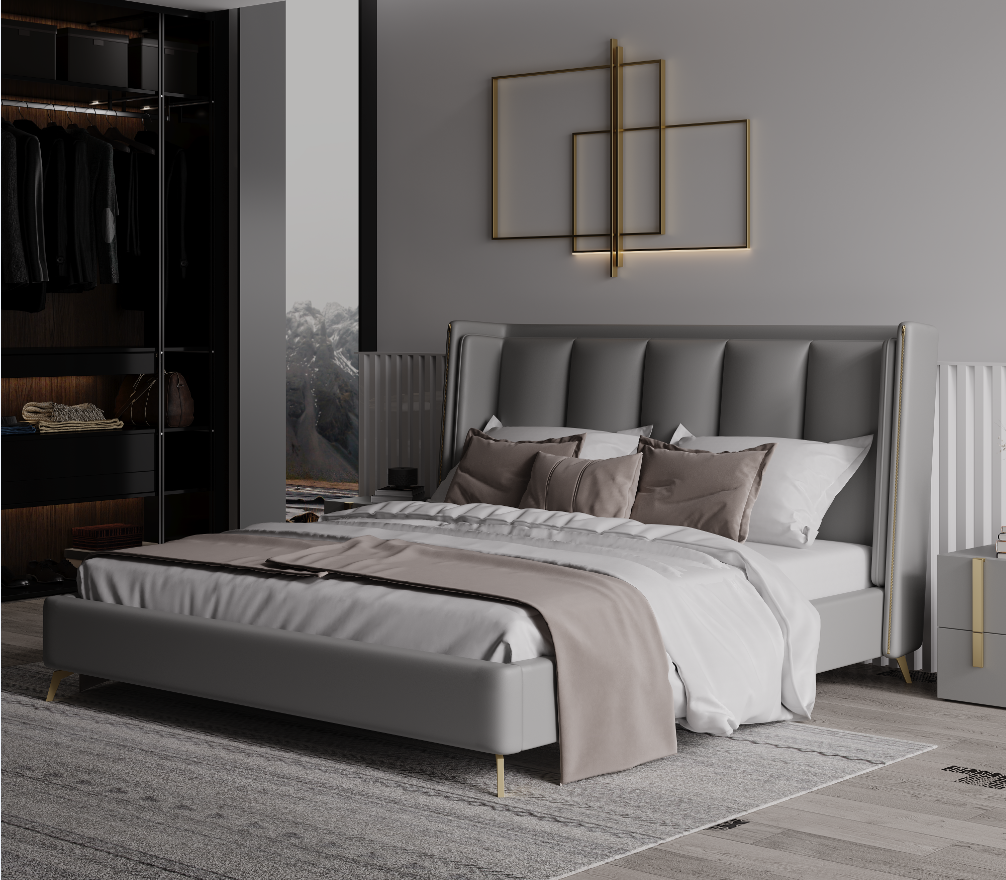 YORDEN Modern Design Genuine Cowhide Leather Bed Frame With Steel Legs Queen/ King