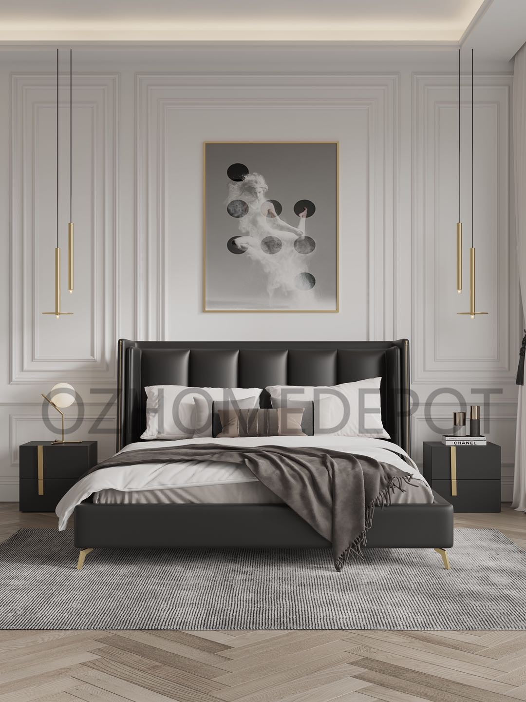 YORDEN Modern Design Genuine Cowhide Leather Bed Frame With Steel Legs Queen/ King