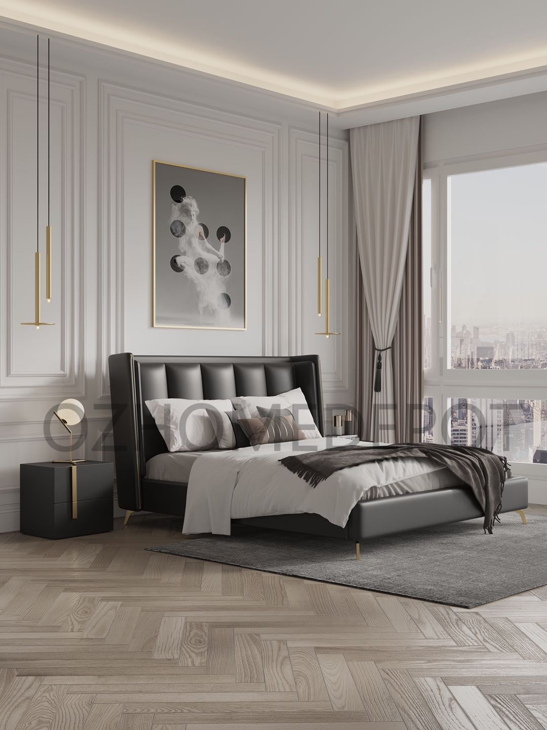 YORDEN Modern Design Genuine Cowhide Leather Bed Frame With Steel Legs Queen/ King