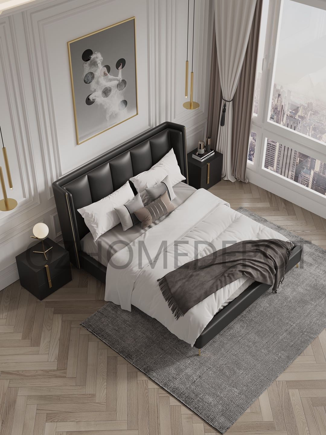 YORDEN Modern Design Genuine Cowhide Leather Bed Frame With Steel Legs Queen/ King