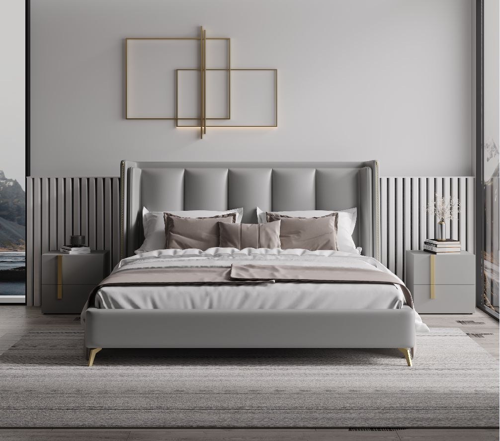 YORDEN Modern Design Genuine Cowhide Leather Bed Frame With Steel Legs Queen/ King
