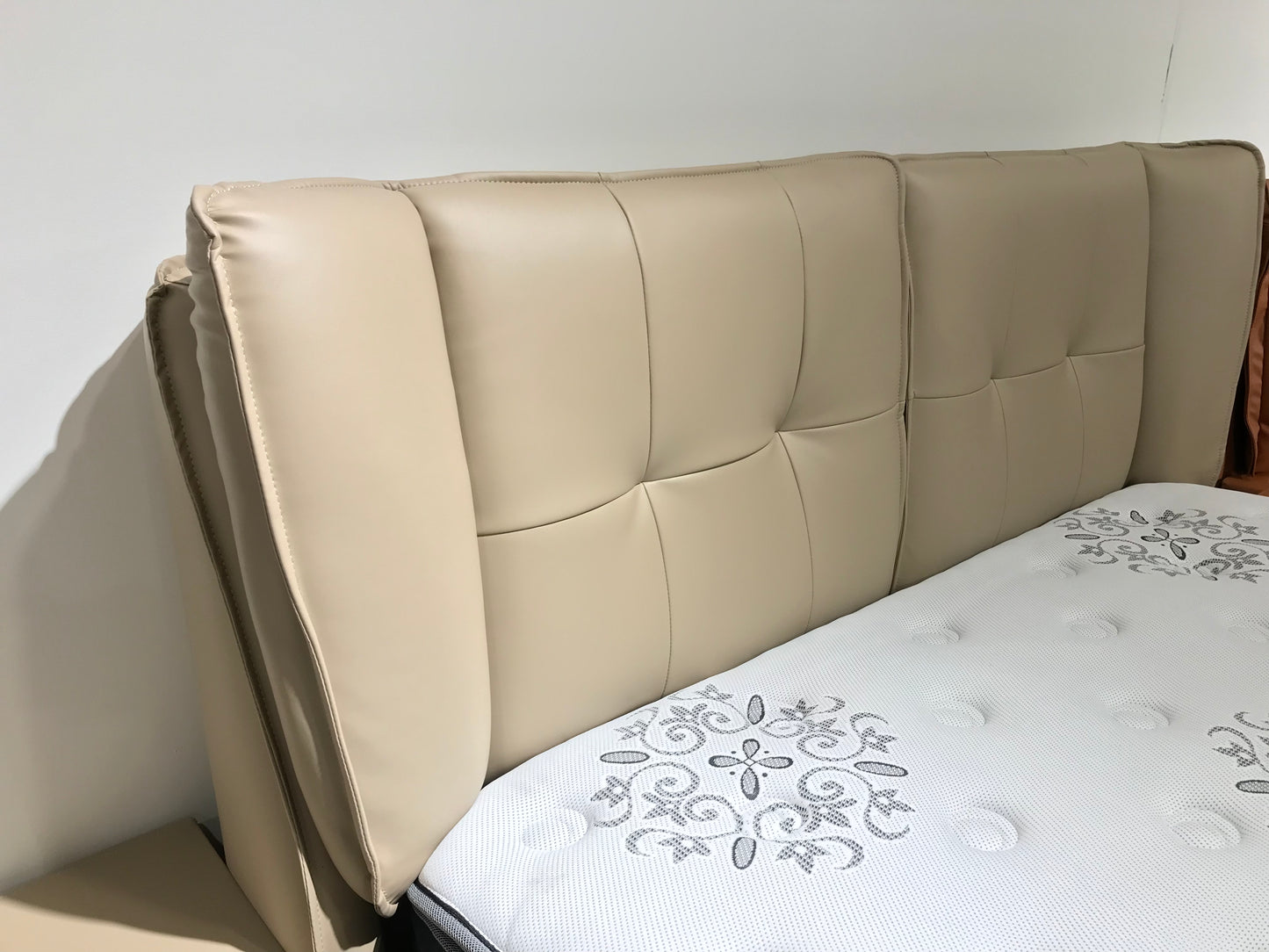 REMY Luxurious Leather Bed Frame Solid Timber Light Grey Colour Queen/King