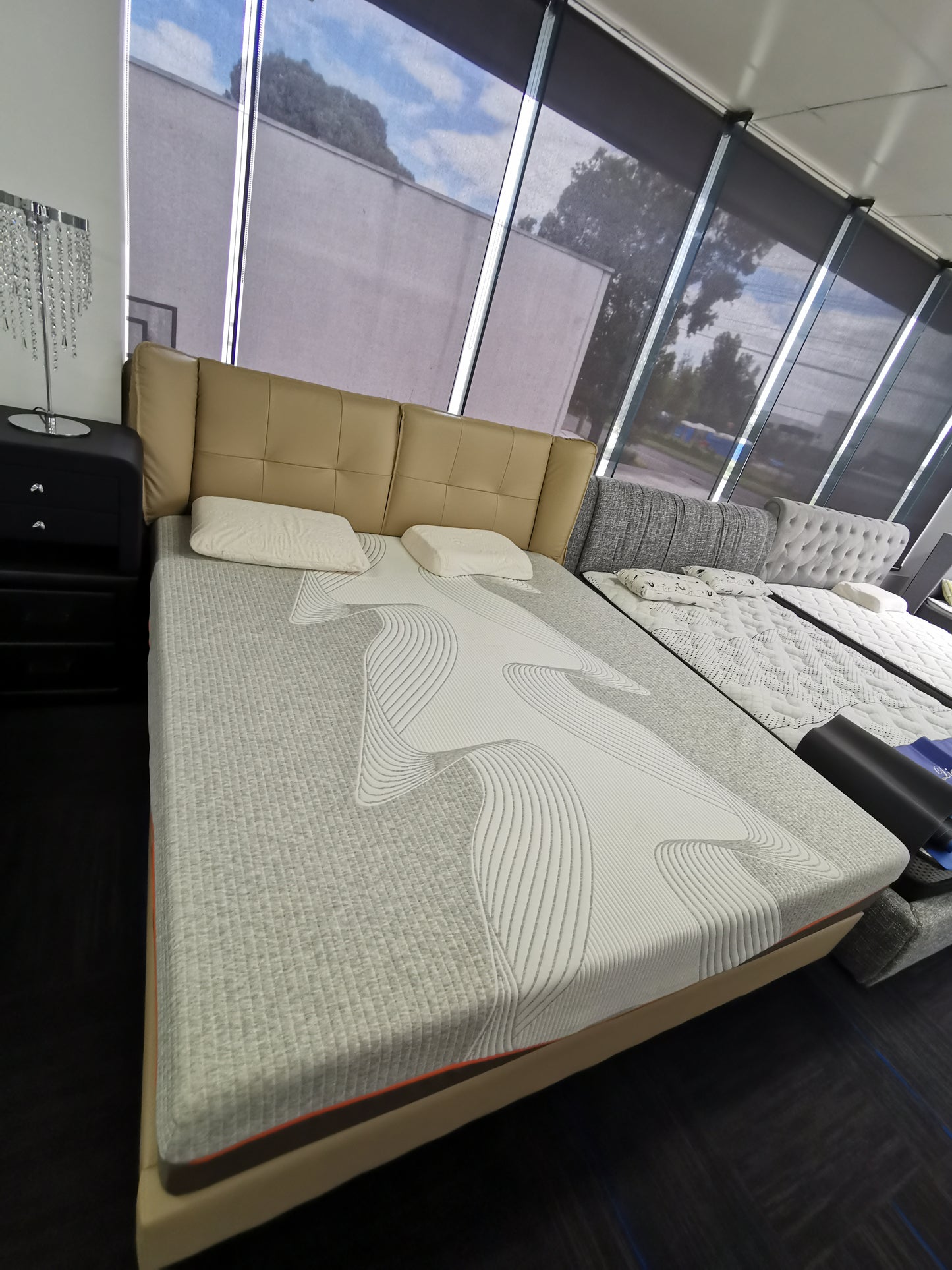 REMY Luxurious Leather Bed Frame Solid Timber Light Grey Colour Queen/King