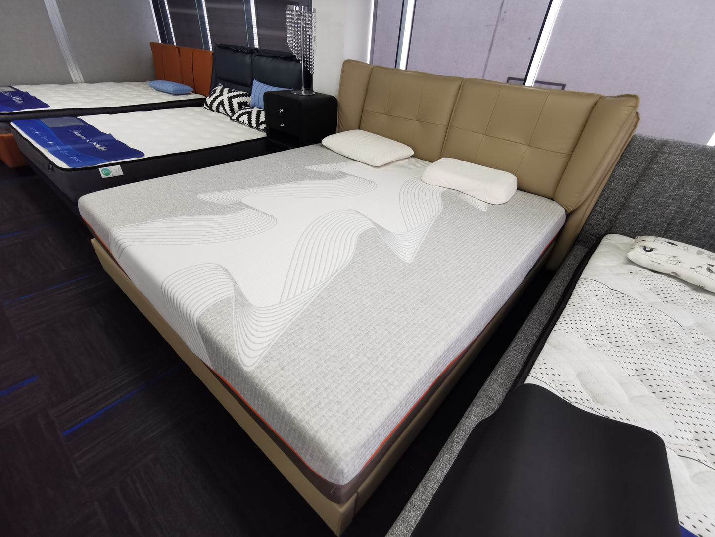 REMY Luxurious Leather Bed Frame Solid Timber Light Grey Colour Queen/King