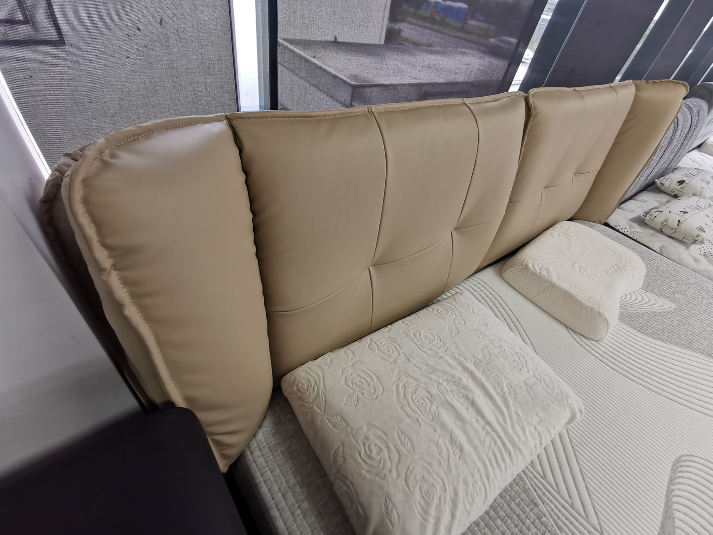REMY Luxurious Leather Bed Frame Solid Timber Light Grey Colour Queen/King