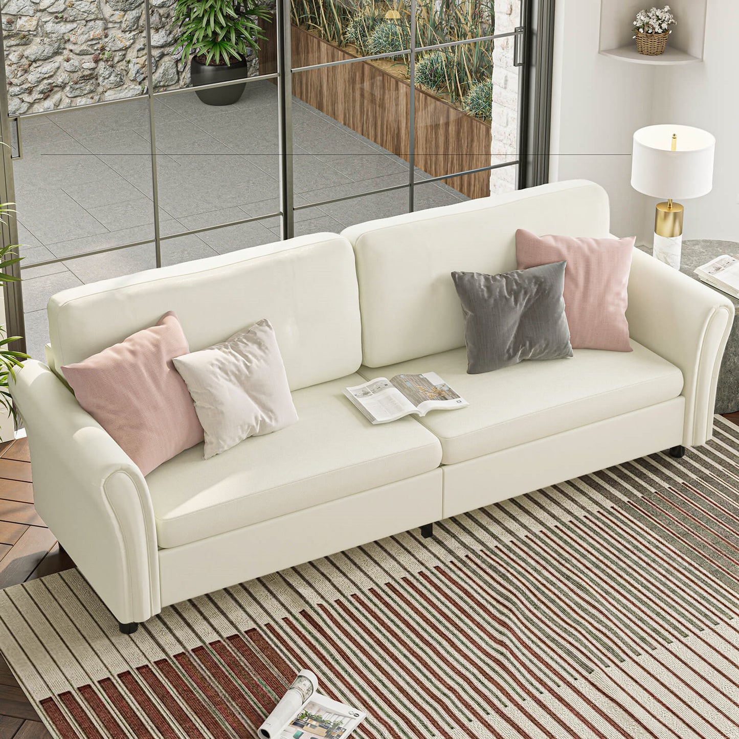 TRANA Miniminal Design Cream Color Two Seater Fabric Sofa Polyester Upholstery