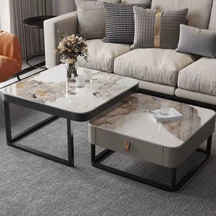 Daniel Sintered Stone Top 2PC Coffee Table Set With Storage Drawer Steel Frame