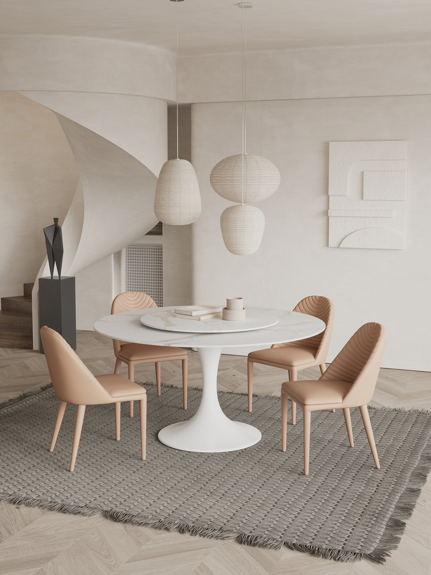 Solana White Sintered Stone Marble Effect Round Dining Table With Lazy Susan