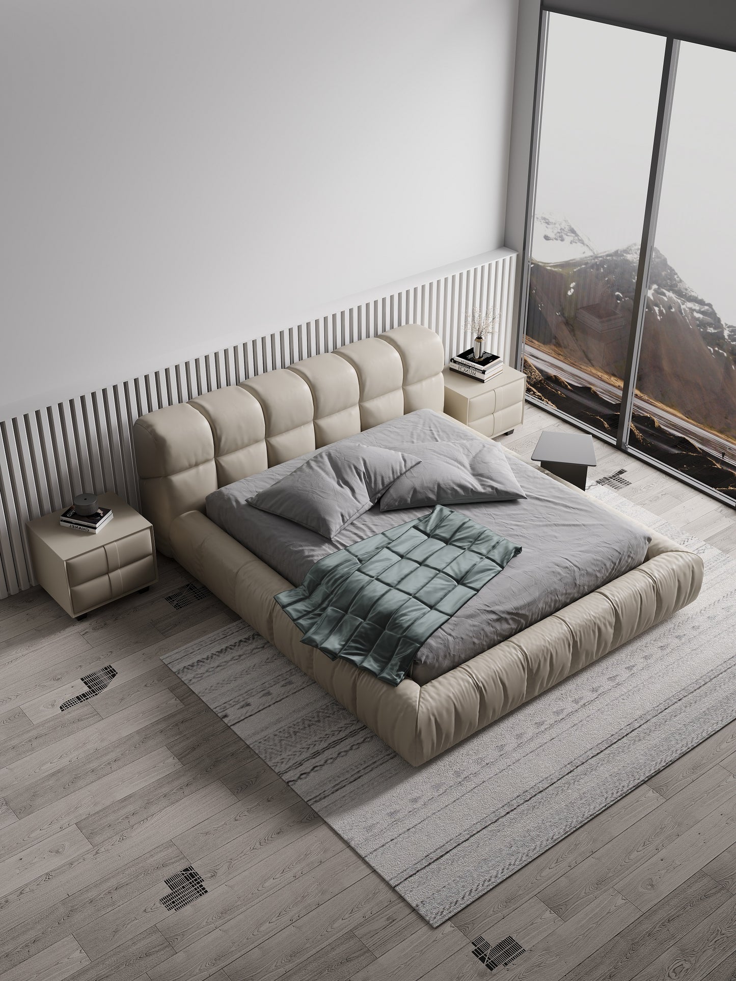 Italian Style Top Quality Designer Bed Frame Genuine Leather Lignt Grey Color Queen/King