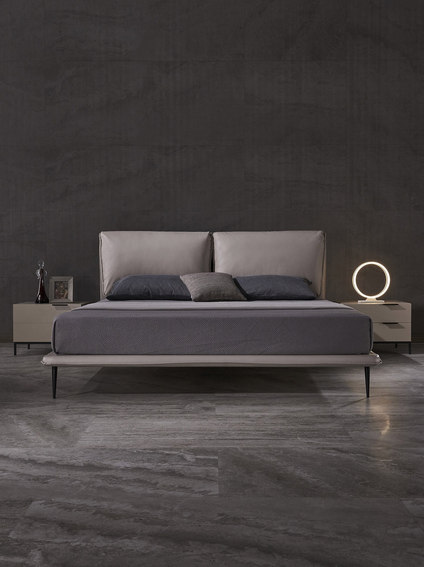 Euro Style Luxurious Premium Calf Leather Bed Frame With Carbon Steel legs Dark Grey King Queen