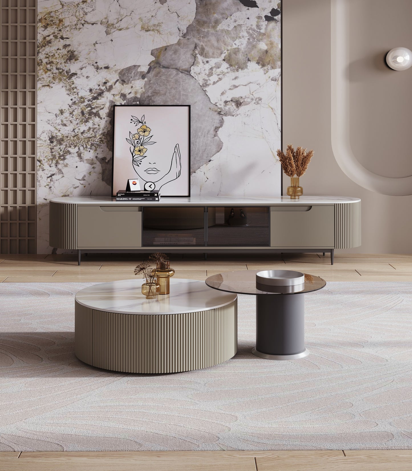 Keesley Nesting Coffee Table Set Glossy Sintered Stone Top Coffee Table With Glass Top Side Table