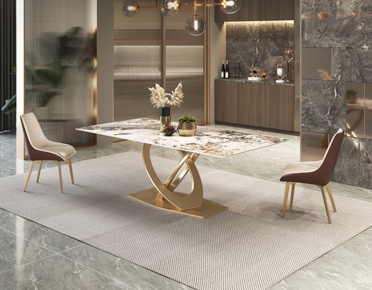 Coeus Rectangular Sintered Stone Top Dining Table Golden Color Steel Leg 1.8m-2m