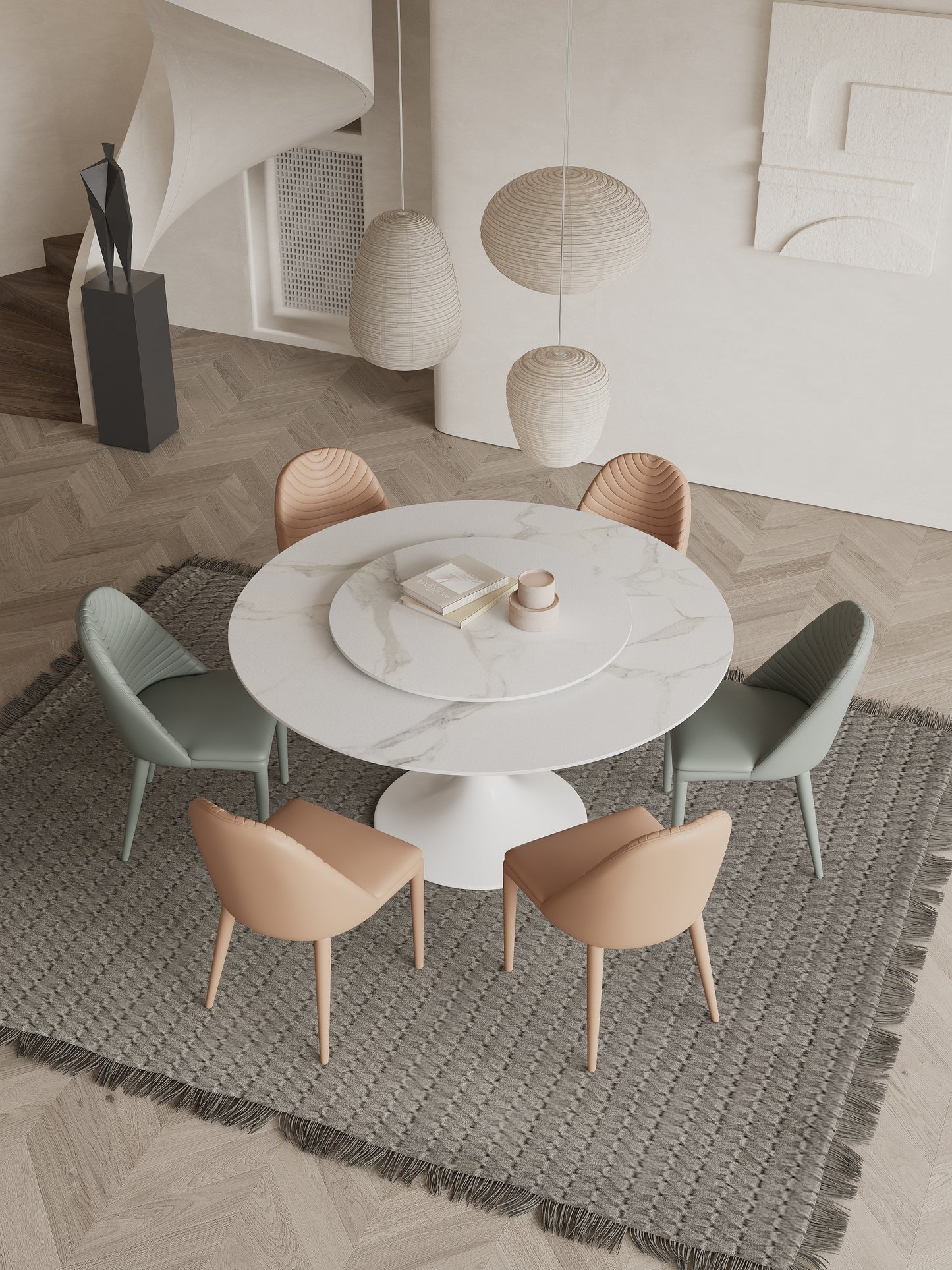 Solana White Sintered Stone Marble Effect Round Dining Table With Lazy Susan