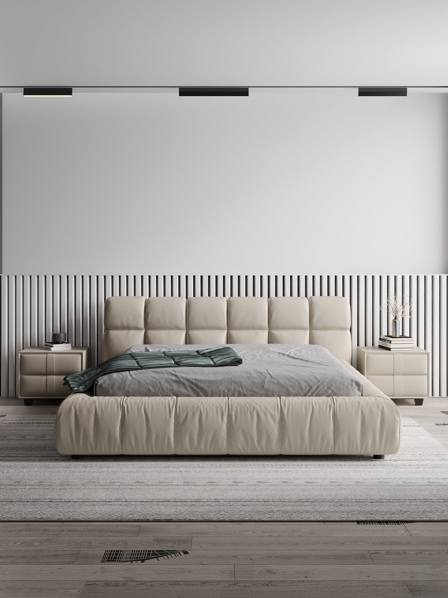 Italian Style Top Quality Designer Bed Frame Genuine Leather Lignt Grey Color Queen/King