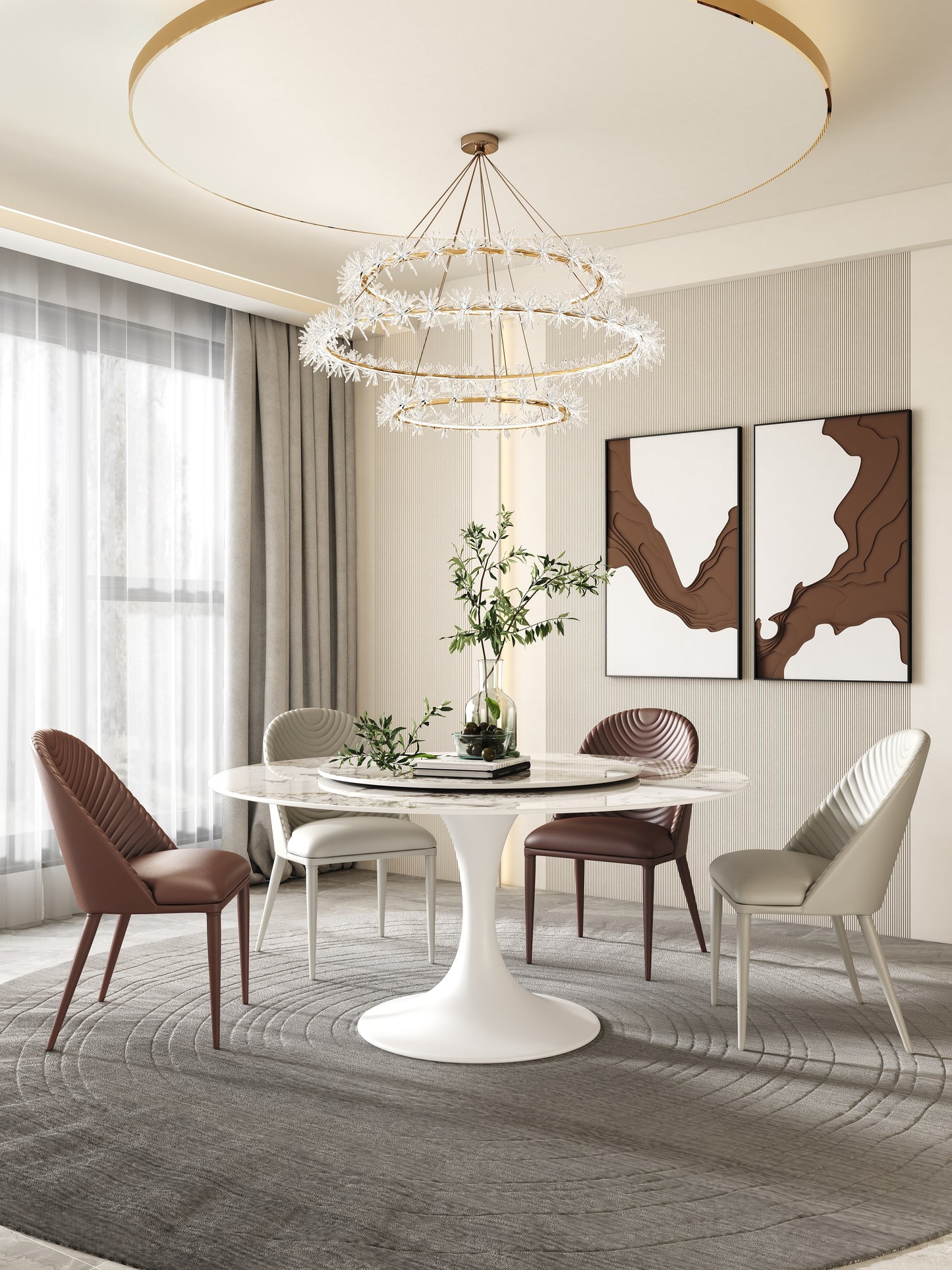 Pandora Pattern Luxury Round Dining Table Sintered Stone Top With Lazy Susan