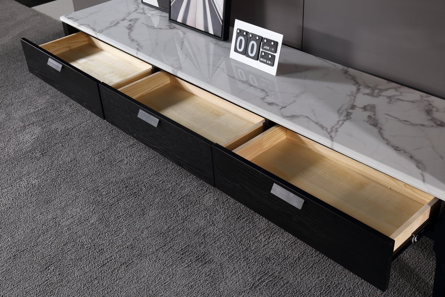 ACHER Morden Entertainment Unit TV Unit White Marble Top Solid Timber 2m