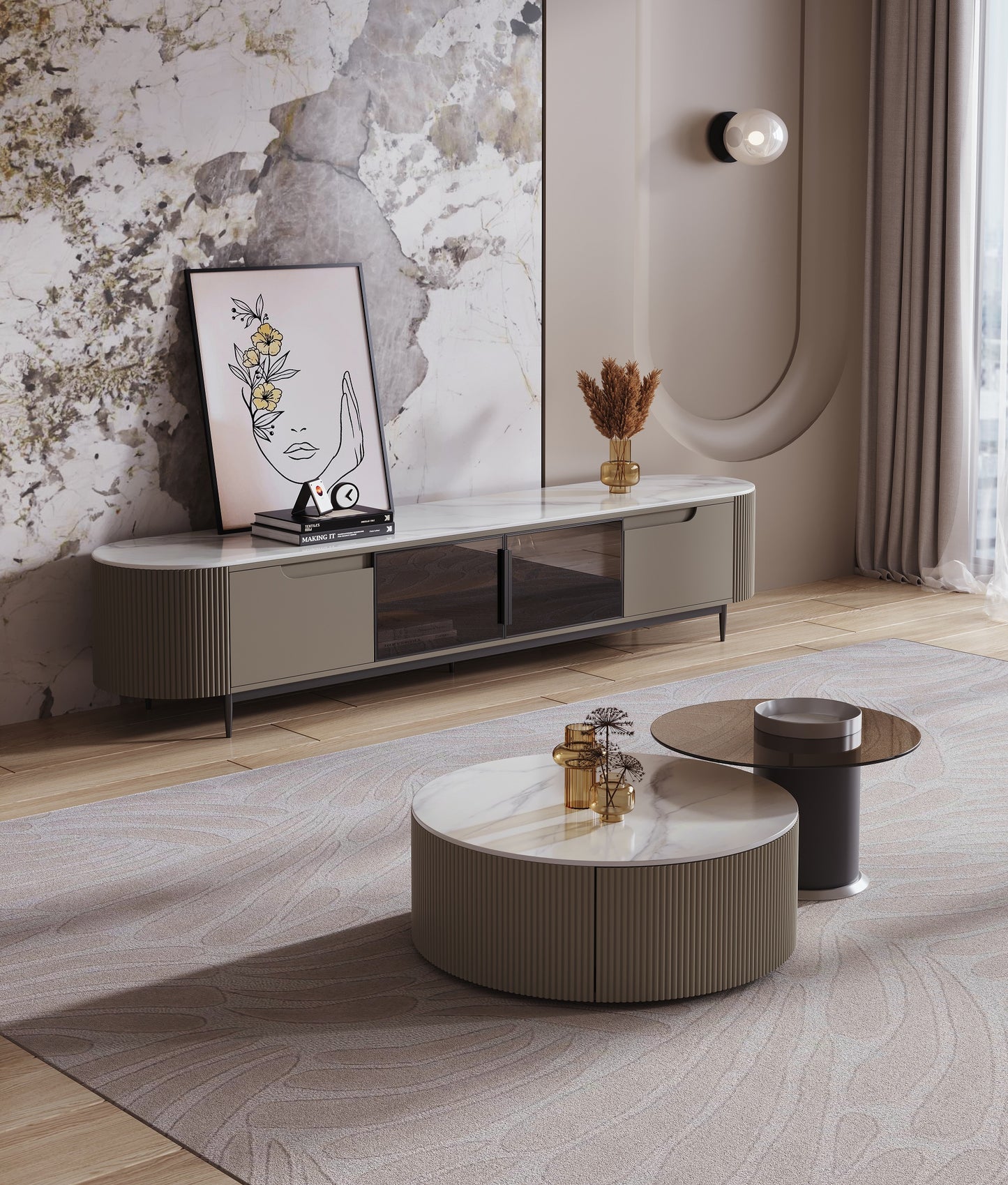 Keesley Nesting Coffee Table Set Glossy Sintered Stone Top Coffee Table With Glass Top Side Table