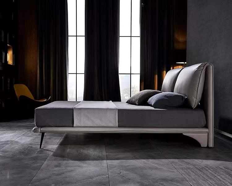 Euro Style Luxurious Premium Calf Leather Bed Frame With Carbon Steel legs Dark Grey King Queen