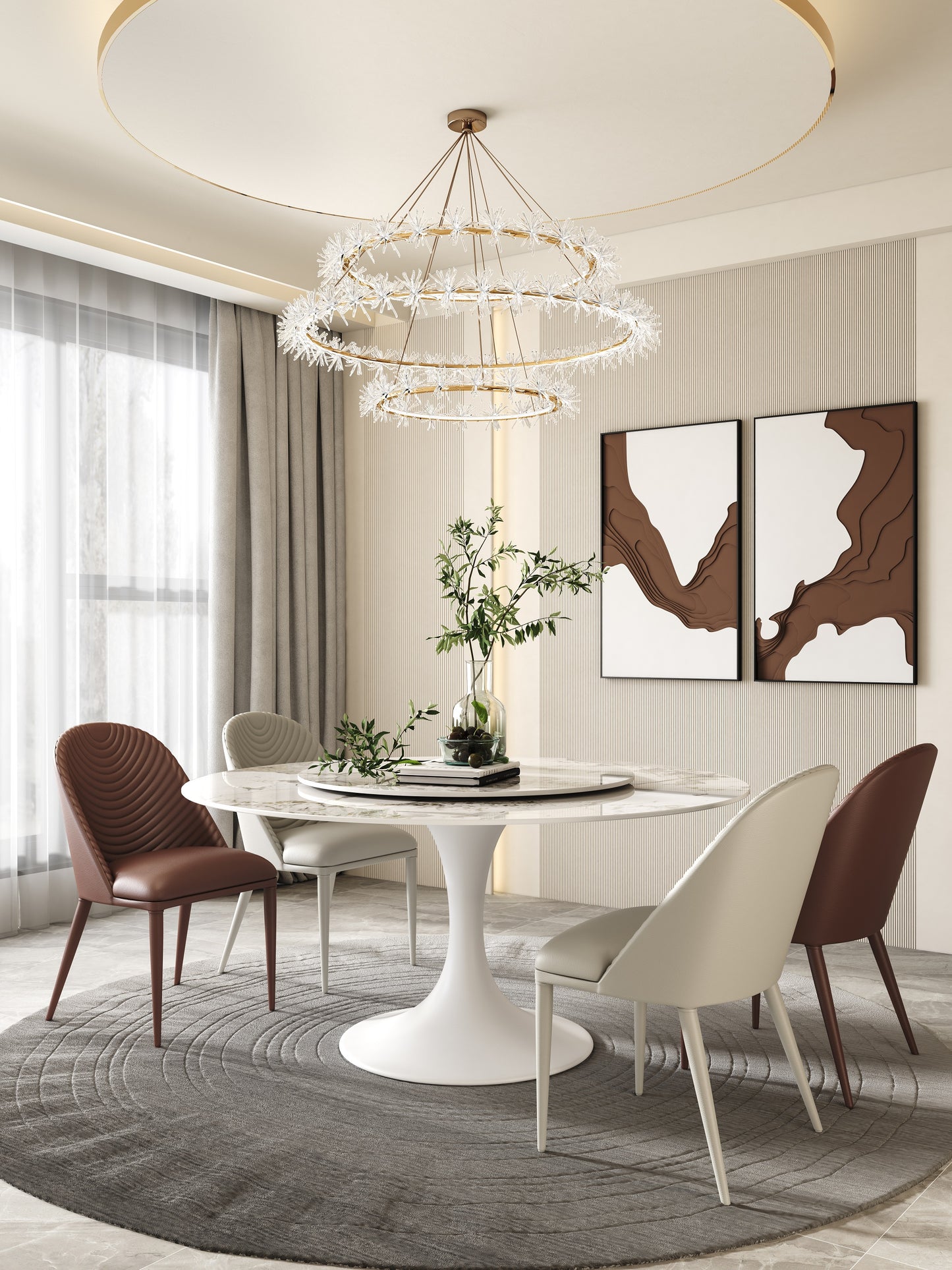Pandora Pattern Luxury Round Dining Table Sintered Stone Top With Lazy Susan