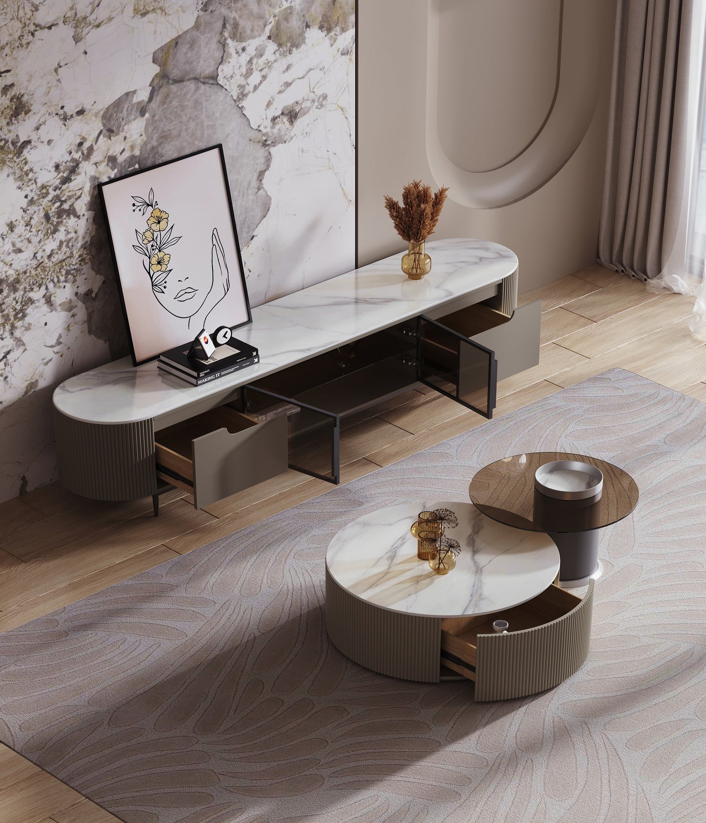Keesley Nesting Coffee Table Set Glossy Sintered Stone Top Coffee Table With Glass Top Side Table