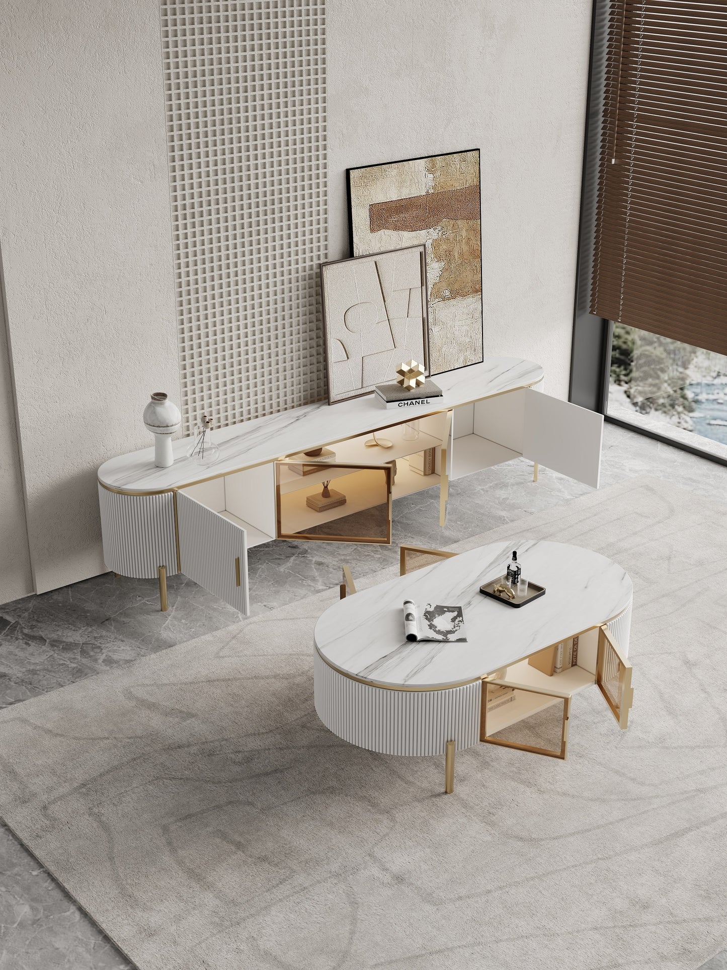 LUCAS Modern TV Unit TV Stand White Sintered Stone Top With Golden Color Legs